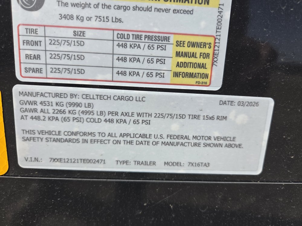 7'x16' CellTech Enclosed Cargo 7x16TA3 84"