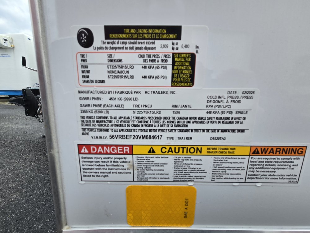 8.5'x20' RC Trailers Enclosed Cargo D8520TA3 78"