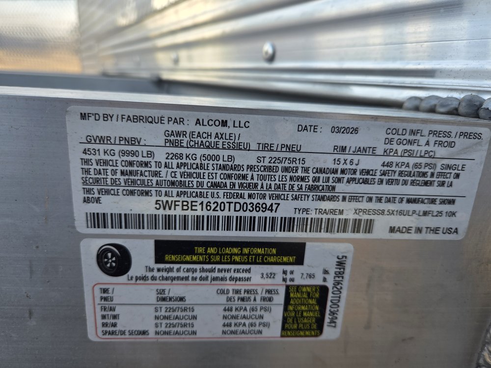 8.5'x20' Alcom Enclosed Cargo XPRESS8.5X20 ULP-LMFL25 88"