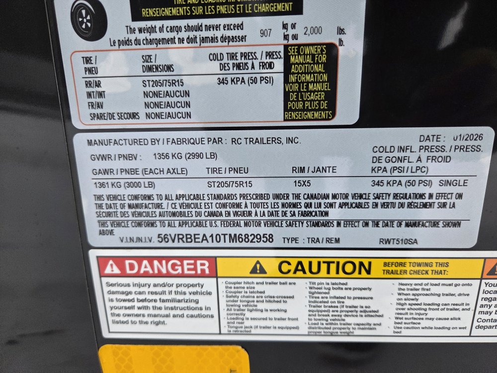 5'x10' RC Trailers Enclosed Cargo RWT510SA 66"