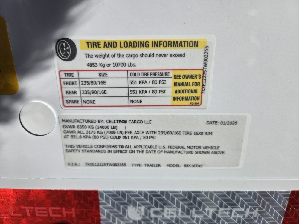 8.5'x16' CellTech Enclosed Cargo 85X20TA5 86"