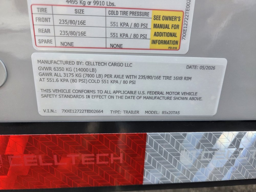 8.5'x20' CellTech Enclosed Cargo 85X20TA5 86"