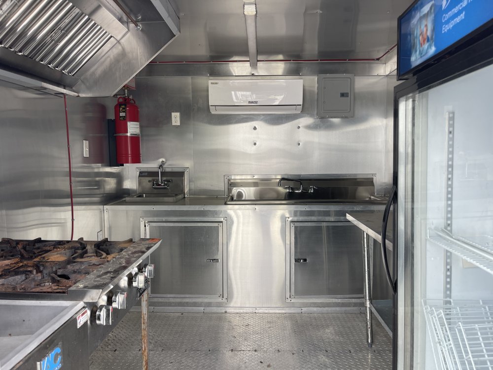 USED 8.5X10 Food Trailer W/ Hood Vent, Fryer, 4 Burner, Fire Suppression, Sink PKG, Refrigerator, Aw