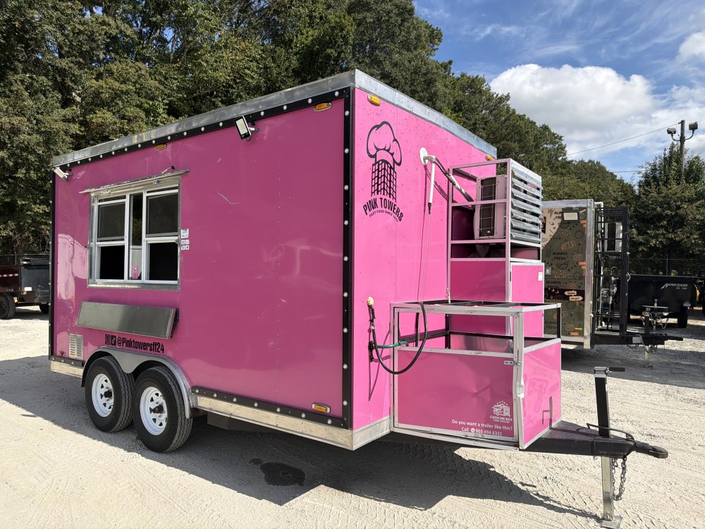USED 8X14 Food Trailer W/ Fridge, 2 Burner, Flat Top, Deep Fryer, Fire Suppression, Triple Sink, Con