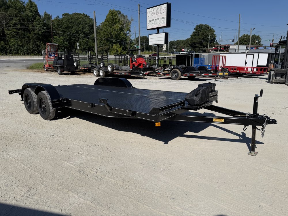 7X20 Steel Floor Car Hauler W/ 2-3500LB Axles Winch, Removable Driver Fender, 5' Foot Slide in Ramps