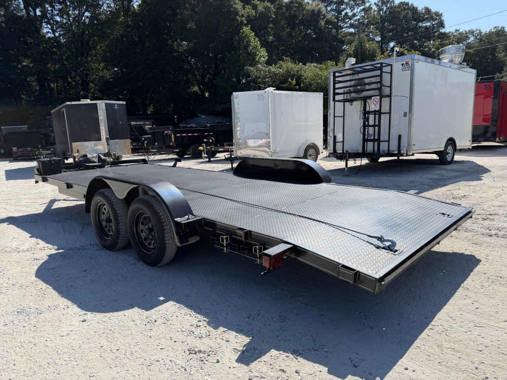 7X20 Steel Floor Car Hauler W/ 2-3500LB Axles Winch, Removable Driver Fender, 5' Foot Slide in Ramps