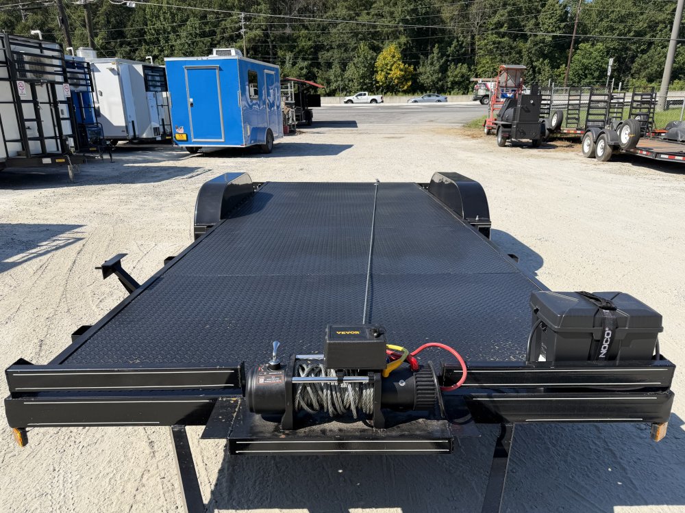 7X20 Steel Floor Car Hauler W/ 2-3500LB Axles Winch, Removable Driver Fender, 5' Foot Slide in Ramps