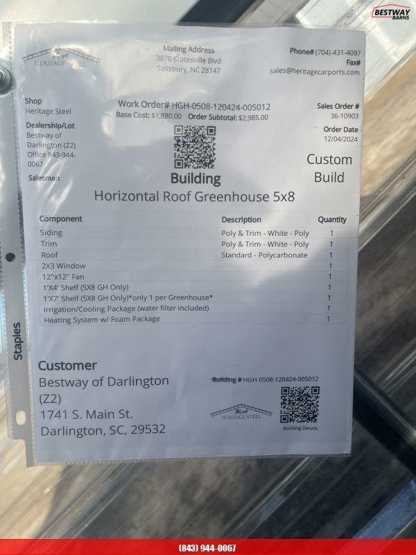 New 2024 Heritage Building 5X8 HERITAGE GREENHOUSE Utility Shed