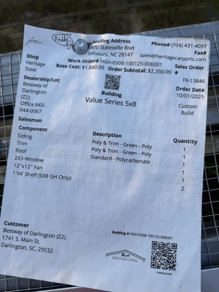 New 2025 Heritage Building 5X8 HERITAGE GREENHOUSE Utility Shed