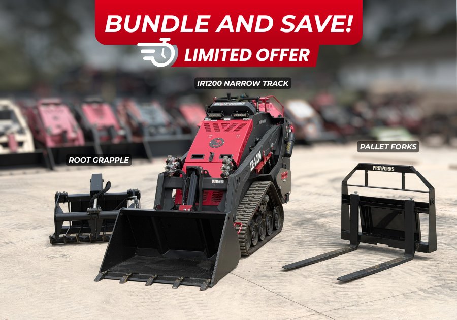 2025 Iron Rhino IR1200 Mini Skid Steer Bundle with Single Cylinder Root Grapple and Pallet Forks