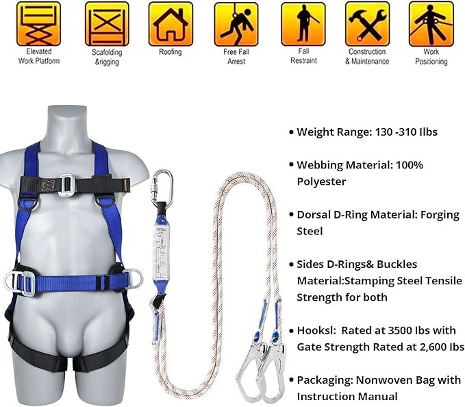 Safety Harness Fall Protection Kit - Full Body Roofing harnesses with Shock Absorbing Lanyard
