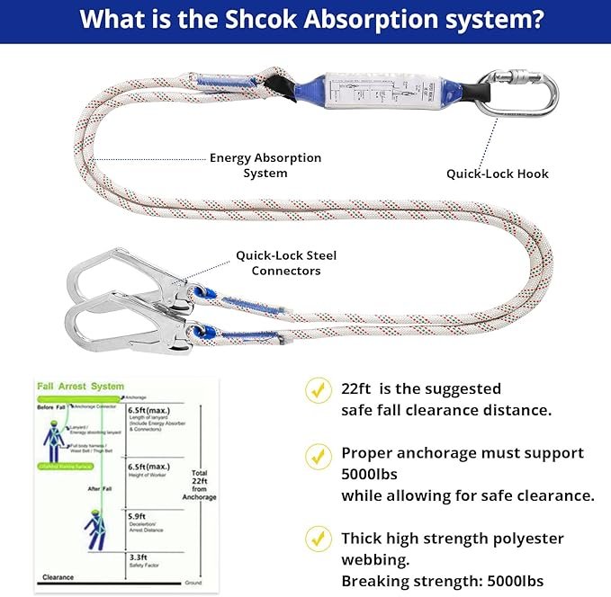 Safety Harness Fall Protection Kit - Full Body Roofing harnesses with Shock Absorbing Lanyard