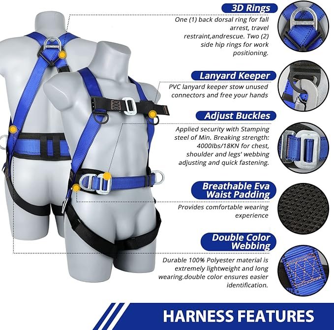 Safety Harness Fall Protection Kit - Full Body Roofing harnesses with Shock Absorbing Lanyard