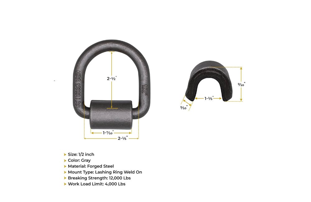 1/2" Heavy Duty Weld-On Forged D Ring 12,000 Lbs