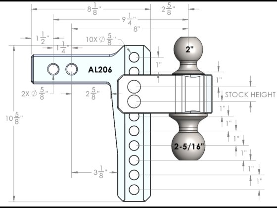BulletProof AL206 - 2.0" ALUMINUM MEDIUM DUTY 6" DROP/RISE HITCH