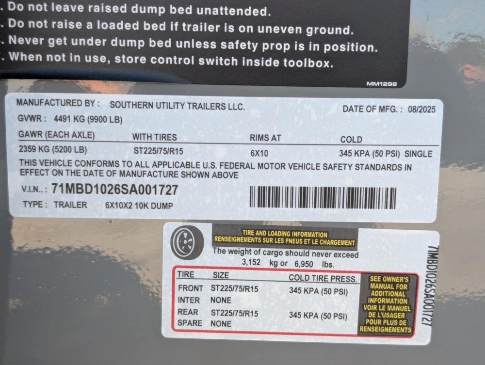 2025 Southern Utility Trailers 6'X10'X2' TA Dump 10K