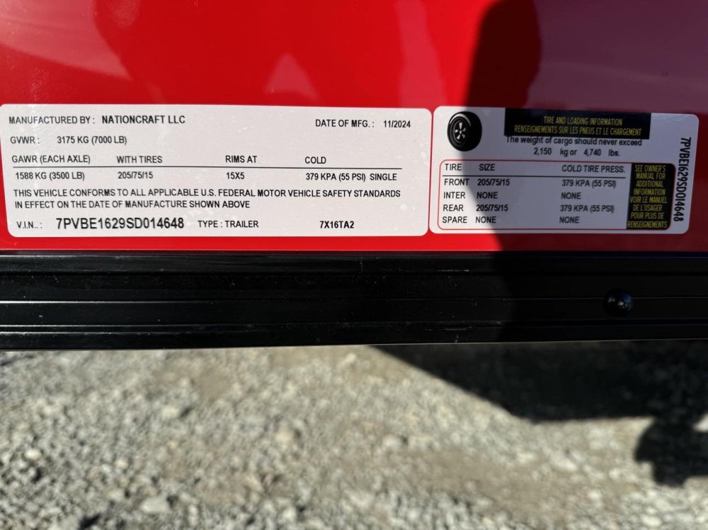 2025 Nationcraft LLC. 7'X16' TA 7K