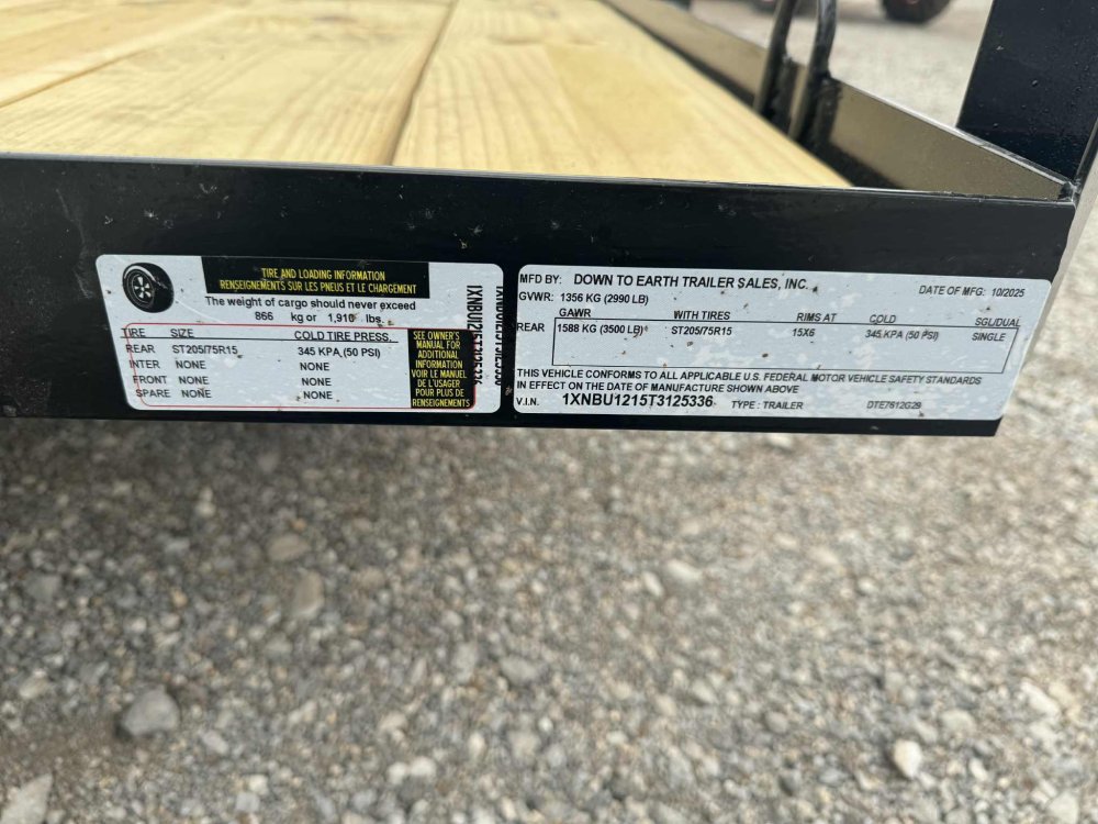 2026 Down 2 Earth 76"X12' SA 3.5K Utility