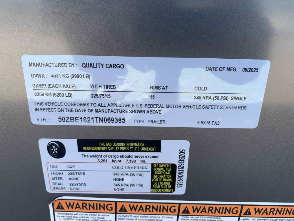 2026 Quality Cargo 8.5'X16' TA3 10K