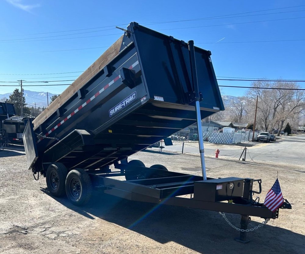 7x14 Sure-Trac Heavy Duty Low Profile Dump Trailer - 14K GVWR | Telescopic Hoist & 3' Sides
