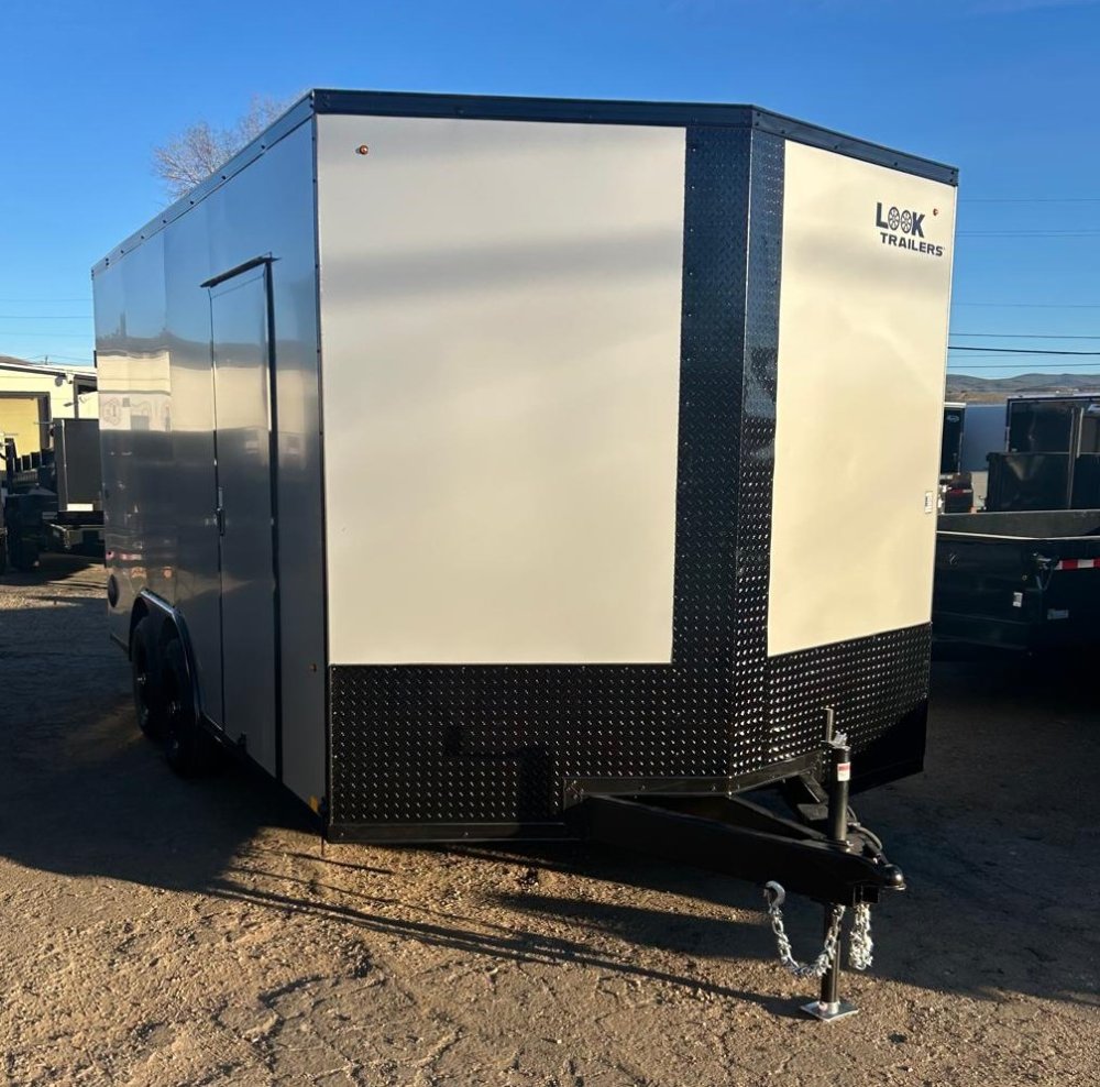 8.5×16 ST DLX Flat Top V-Nose Enclosed Trailer - 10K GVWR - Silver/Black Trim | For Sale in Carson C