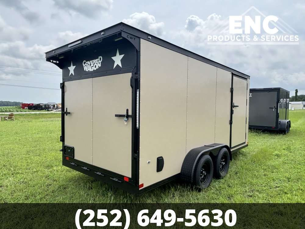 7x16 Covered Wagon Enclosed Cargo Tandem Axle Trailer 7K with Spoiler, Knife Edge Ramp, Blackout