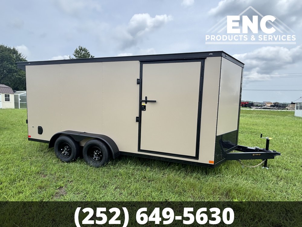 7x16 Covered Wagon Enclosed Cargo Tandem Axle Trailer 7K with Spoiler, Knife Edge Ramp, Blackout