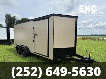 7x16 Covered Wagon Enclosed Cargo Tandem Axle Trailer 7K with Spoiler, Knife Edge Ramp, Blackout