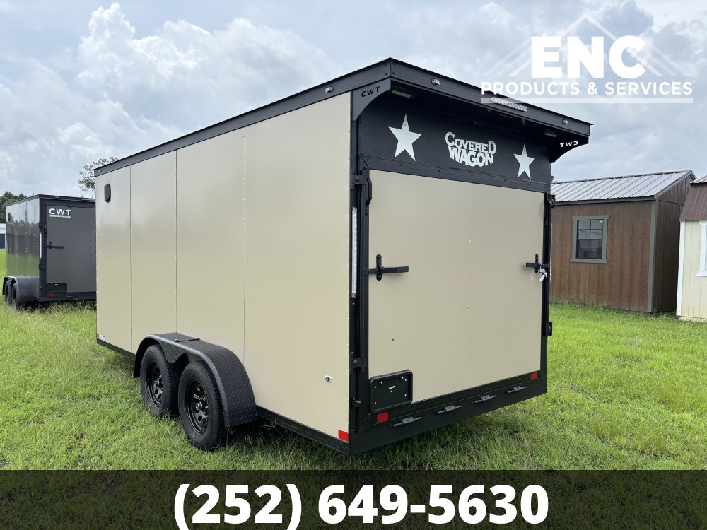 7x16 Covered Wagon Enclosed Cargo Tandem Axle Trailer 7K with Spoiler, Knife Edge Ramp, Blackout