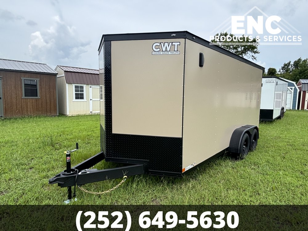 7x16 Covered Wagon Enclosed Cargo Tandem Axle Trailer 7K with Spoiler, Knife Edge Ramp, Blackout