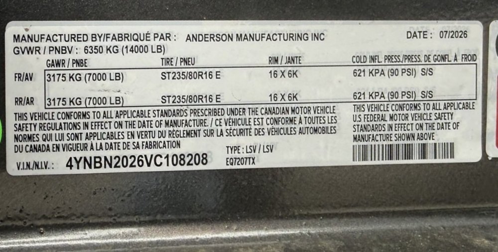 7'x20' Anderson Manufacturing Inc Equipment
