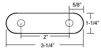 SHACKLE STRAP 2" ON CENTER, OVERALL DIMENSIONS, 3-1/4"L X 1-1/4", 9/16" HOLES