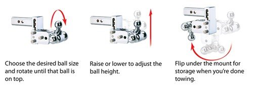 B&W TOW & STOW 3-BALL MOUNT, 2.5" HITCH, 5" DROP, 4.5" RISE, 18k - CHROME