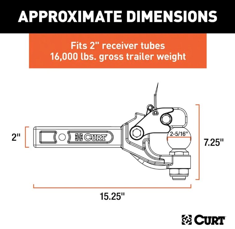 CURT PINTLE HOOK WITH 2-5/16" BALL FOR 2" HITCH - 12K/16K