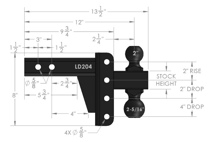 BULLETPROOF HITCHES 2-BALL MOUNT FOR 2" HITCH, 2" & 2-5/16" BALL, 4" DROP, 2" RISE, BLACK, - 10K
