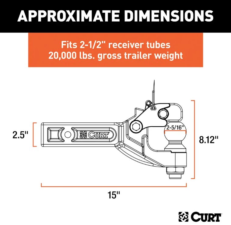 CURT PINTLE HOOK WITH 2-5/16" BALL FOR 2-1/2" HITCH - 20,000lbs