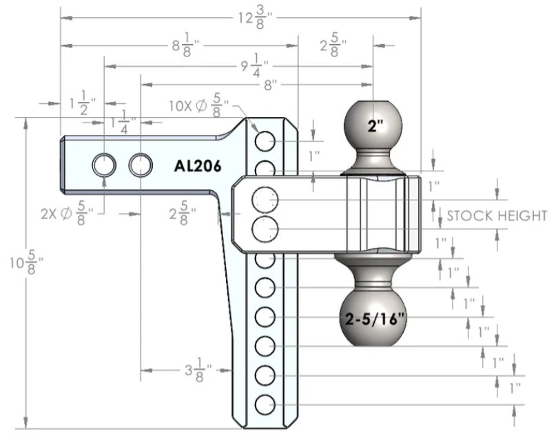 BULLETPROOF HITCHES 2-BALL MOUNT FOR 2" HITCH, 2" & 2-5/16" BALL, 6" DROP, 6" RISE, ALUMINUM, - 14K