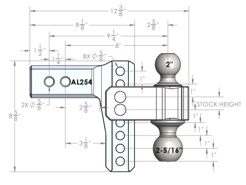 BULLETPROOF HITCHES 2-BALL MOUNT FOR 2.5" HITCH, 2" & 2-5/16" BALL SS, 4" DROP 4" RISE, ALUMINUM 14K