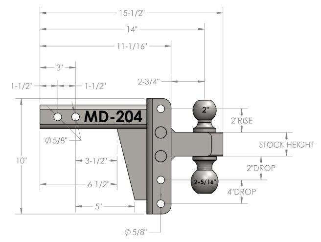 BULLETPROOF HITCHES 2-BALL MOUNT FOR 2" HITCH, 4" DROP, 4" RISE, BLACK - 14K