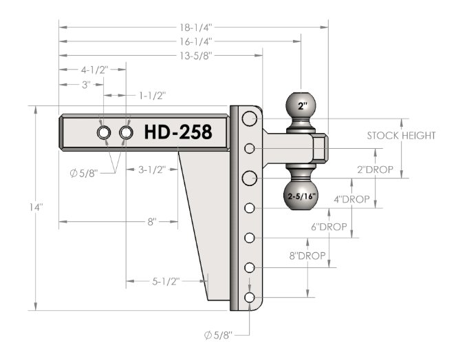 BULLETPROOF HITCHES 2-BALL MOUNT FOR 2-1/2" HITCH, 8" DROP, 8" RISE - 22K