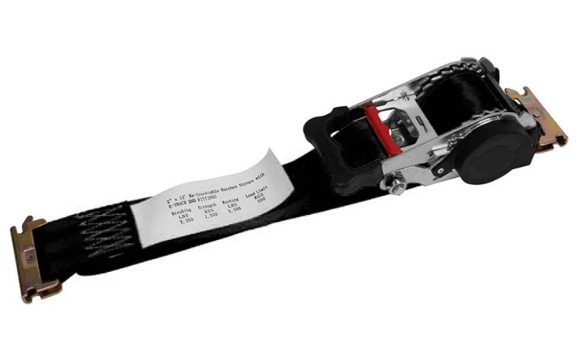 2" X 12' E-TRACK RETRACTABLE RATCHET STRAP WITH E-TRACK END FITTINGS, BLACK, 12' LENGTH, 1100lbs WLL