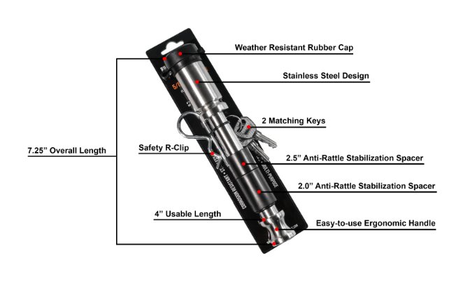 BULLETPROOF HITCHES 5/8" BULLETPROOF LOCKING PIN FOR 2", 2.5" & 3" HITCH RECEIVERS, 4" USABLE LENGTH