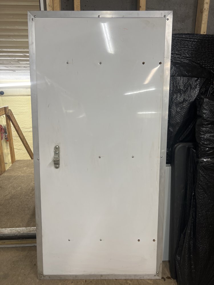 USED REPLACEMENT BARN DOOR, 33"X67", WHITE , RIGHT HAND SWING, PASSENGER SIDE, CAM BAR LATCH