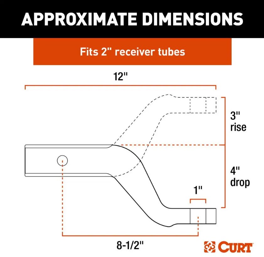 CURT ALUMINUM 2" BALL MOUNT - 8K, 4" DROP, 3" RISE, 1" BALL HOLE