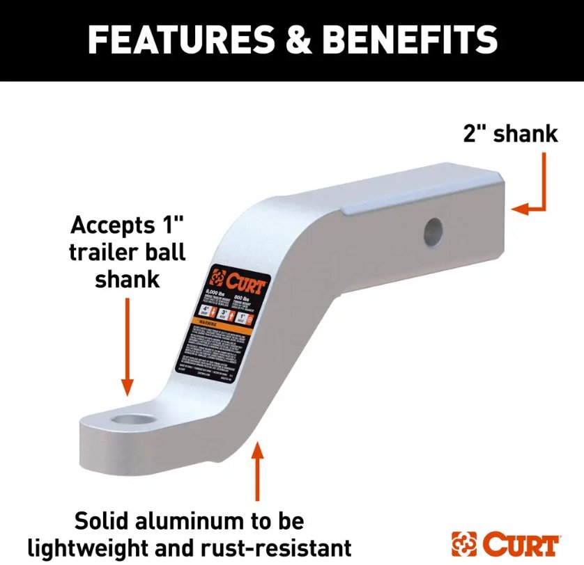 CURT ALUMINUM 2" BALL MOUNT - 8K, 4" DROP, 3" RISE, 1" BALL HOLE