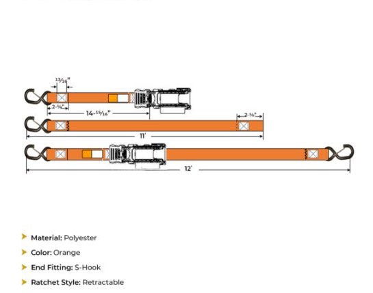1" AUTO RE-TRACTABLE RATCHET STRAP WITH S HOOKS AND SOFT LOOP STRAPS, ORANGE, 12', 500lbs WLL - 4PK