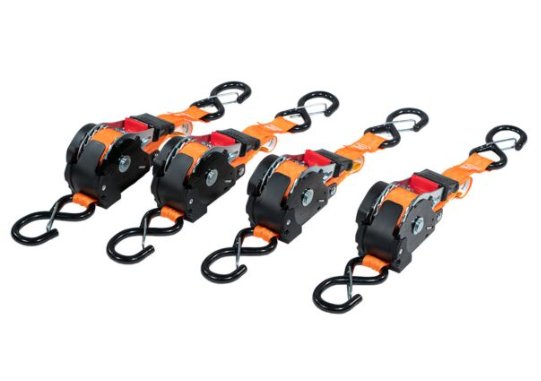 1" AUTO RE-TRACTABLE RATCHET STRAP WITH S HOOKS AND SOFT LOOP STRAPS, ORANGE, 12', 500lbs WLL - 4PK