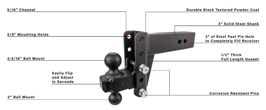 BULLETPROOF HITCHES 2-BALL MOUNT FOR 3" HITCH, 4" DROP, 4" RISE - 22K