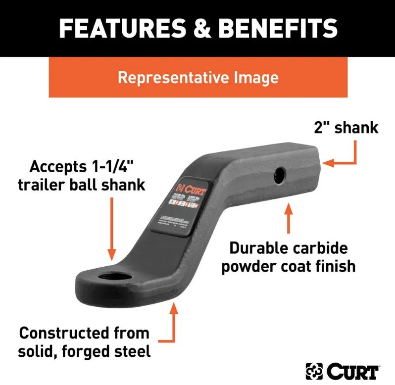 CURT FORGED BALL MOUNT FOR 2" HITCH, 2" DROP, 1" RISE, 8-1/2" LONG, 1-1/4" SHANK, 17K CAPACITY