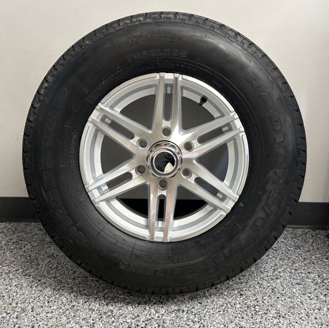 225/75R15 NOVAE ALUMINUM SPARE TIRE & WHEEL - SILVER SPLIT 6 SPOKE SIDEWINDER, 6 LUG, 6X5.5 - LRE